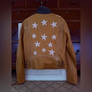 Mauritius Vintage mustard yellow & navy motorcycle leather jacket w stars US 10